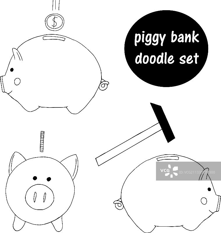 储蓄罐、硬币和锤子套装图标贴纸图片素材