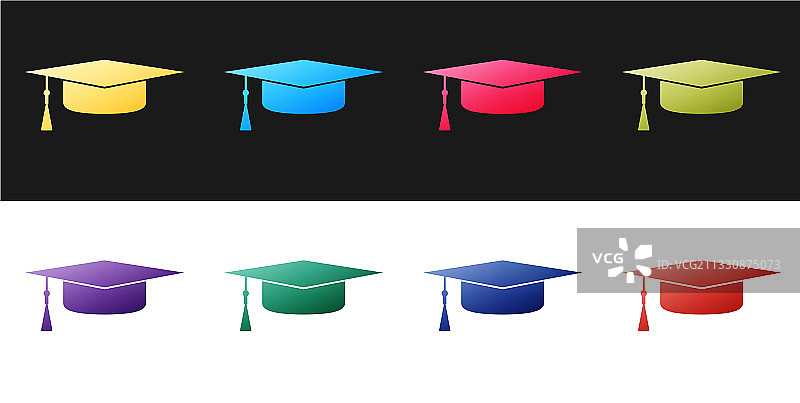 黑色背景上的毕业帽图标组合图片素材