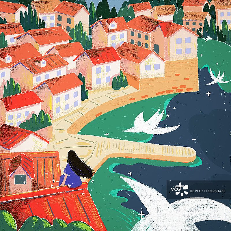 坐在屋顶上的小镇女孩图片素材