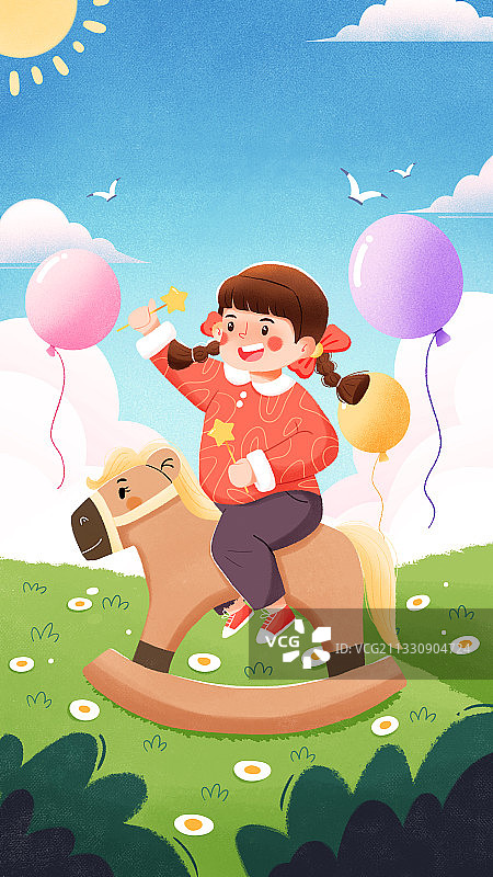 61儿童节女孩子在草地上骑木马开心玩耍图片素材