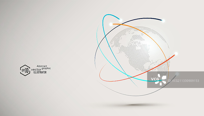 数字粒子光点绕地球运行轨迹，抽象矢量高科技全球化商业背景图片素材