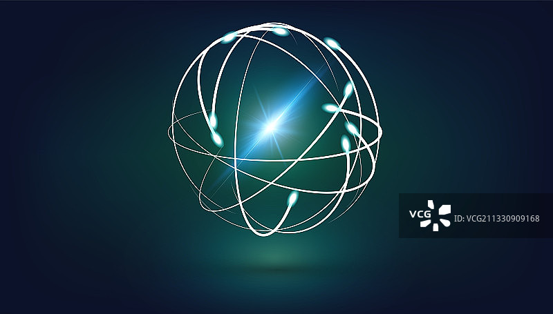 数字粒子光点圆球形运行轨迹，抽象矢量高科技全球化商业背景图片素材