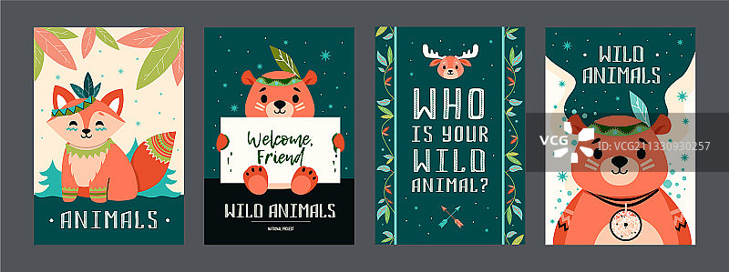 卡通波西米亚风动物海报套装图片素材