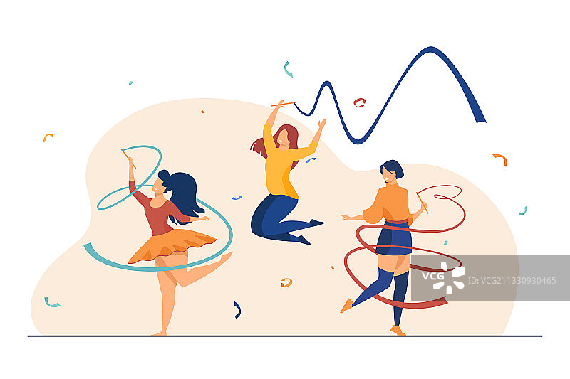 快乐女孩们用彩带训练图片素材
