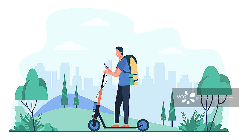 笑容满面的男人在人行道上骑滑板车图片素材