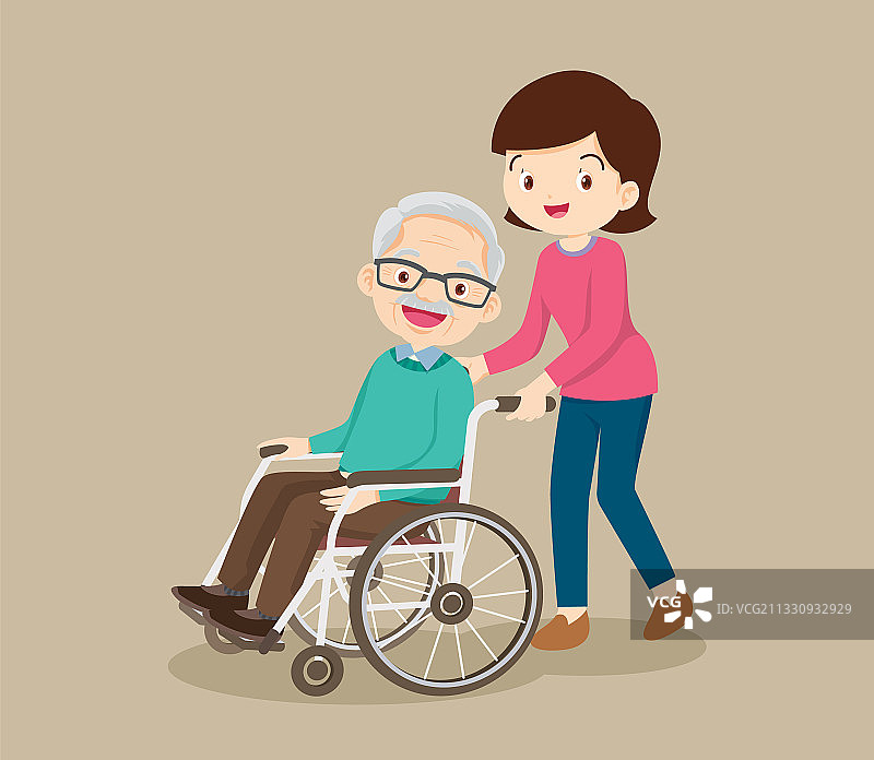 女人照顾坐轮椅老人图片素材