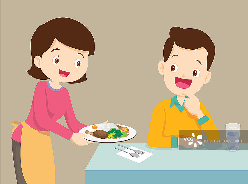 母亲为父亲盛饭图片素材