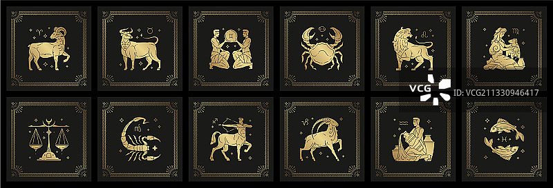 十二星座占星术标志的油毡版画图片素材