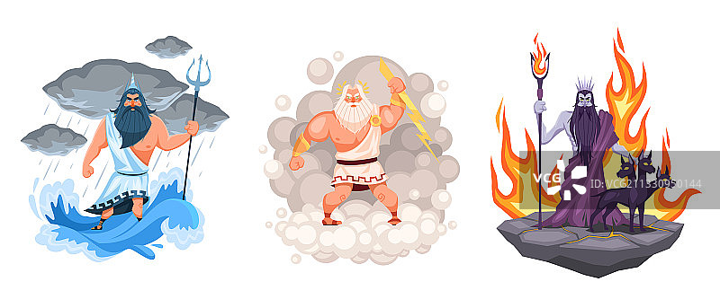 三个主要的希腊神话卡通人物：宙斯和波塞冬图片素材