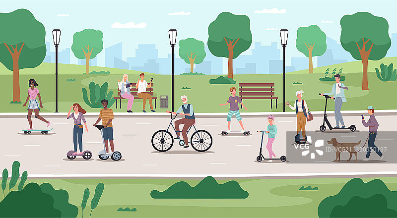 在生态城市公园乘坐公共交通的人们图片素材