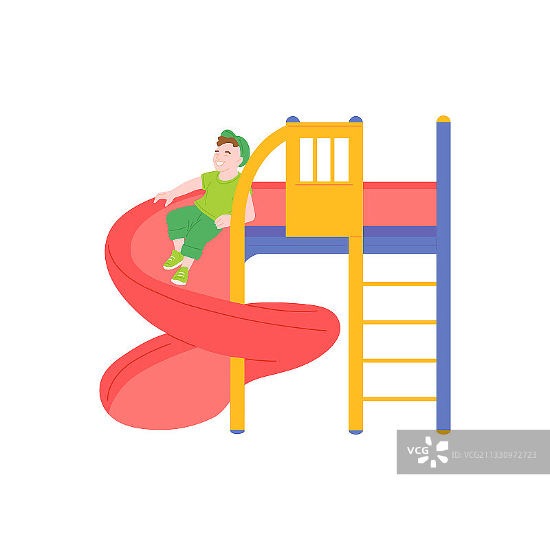 在游乐场玩耍的可爱小男孩扁平插画图片素材