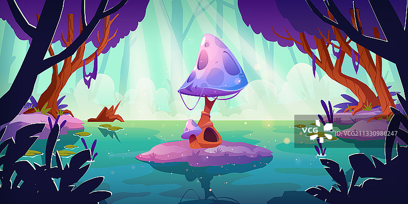 池塘巨型蘑菇奇幻景观图片素材