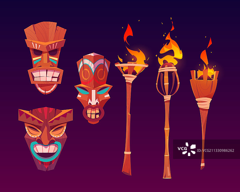 提基面具和燃烧的火炬部落木制图腾图片素材