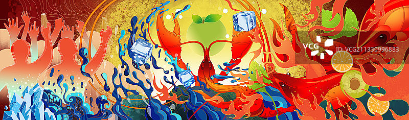 时尚潮流小龙虾元素潮牌活动展示国风热烈插画图片素材