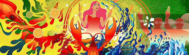 时尚潮流小龙虾美食节潮牌活动展示出街热烈插画图片素材