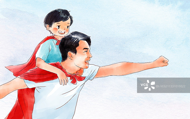 水彩风超人父子插画图片素材