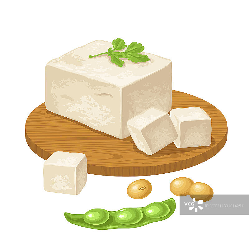 木板上的豆腐和打开的豆荚图片素材