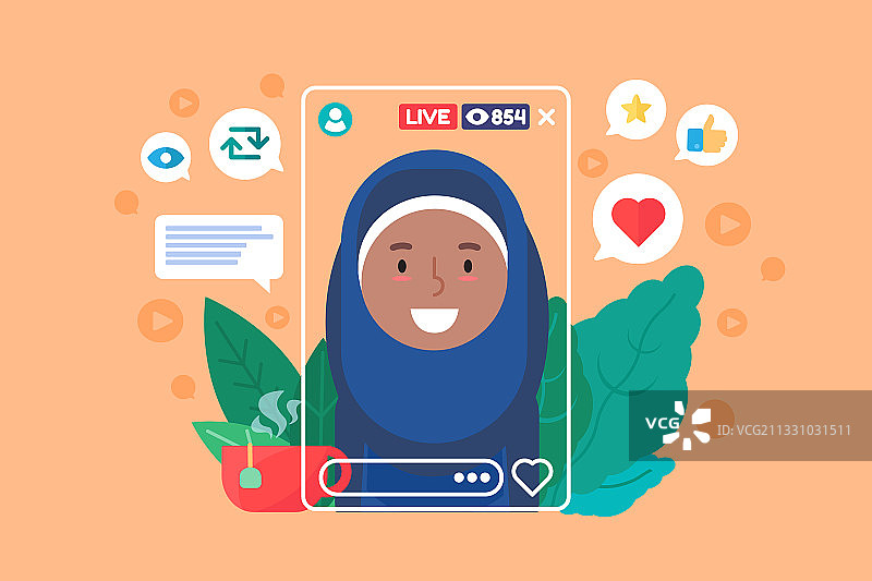 扁平风格的穆斯林女孩主播图片素材