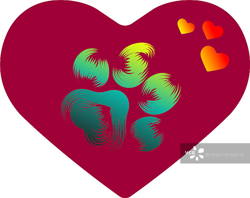 带彩色爪印的红色心形剪影图片素材