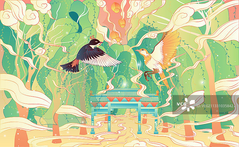 杭州西湖十景国潮矢量风景插画柳浪闻莺图片素材