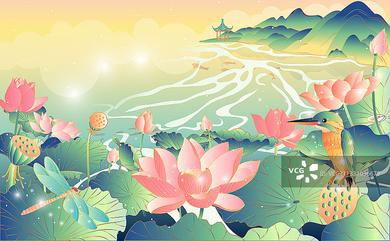 杭州西湖十景场景曲院风荷荷花矢量插画图片素材