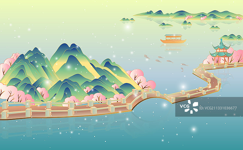 杭州西湖十景场景远处的群山矢量插画图片素材