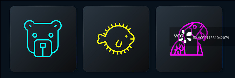 线条小熊头、金刚鹦鹉和河豚图片素材