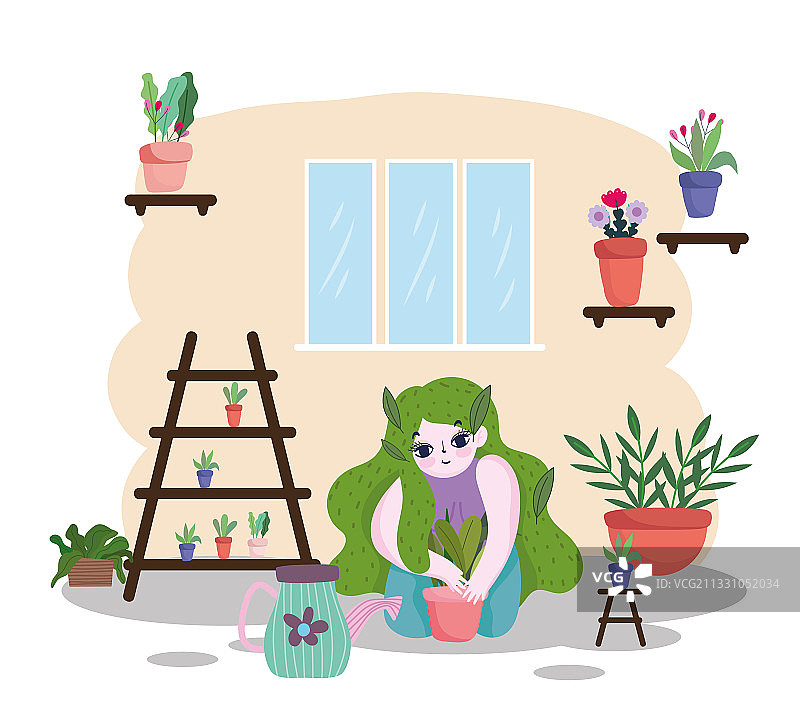种植盆栽的绿发女孩图片素材