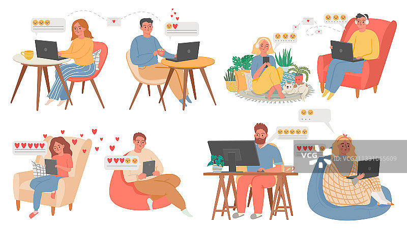 情侣通过电脑进行虚拟聊天图片素材