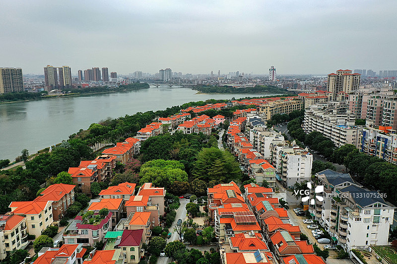 广东省东莞市石龙镇金沙湾广场石龙镇政府航拍图片素材