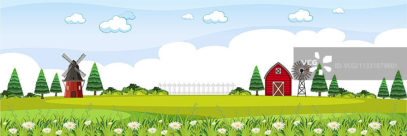 带红色谷仓和风车的农场景观图片素材