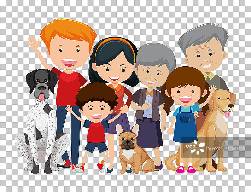 老夫妇和孙辈与宠物犬图片素材