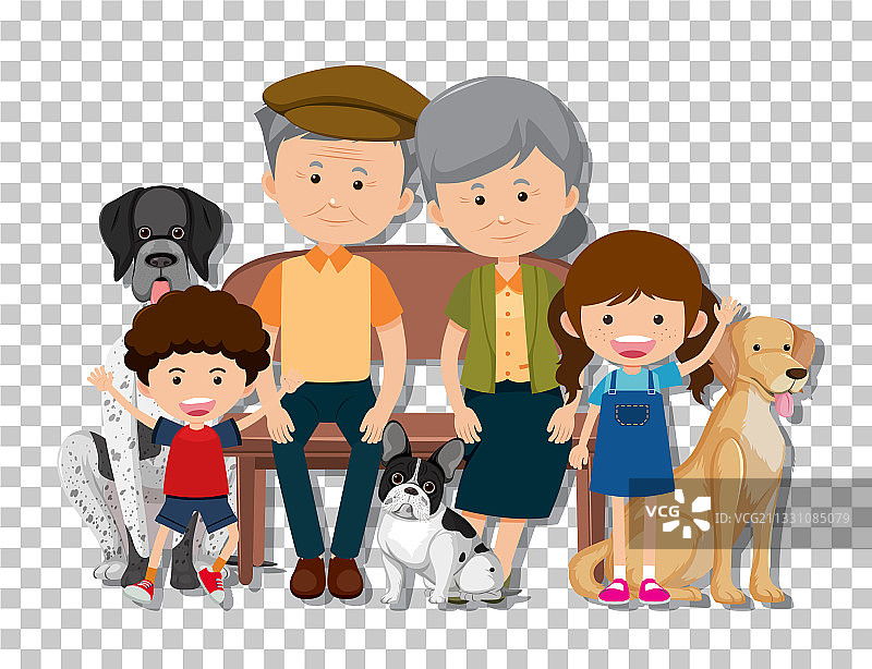 老夫妇和孙辈与宠物犬图片素材
