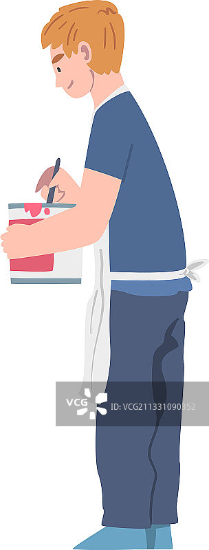 男人拿着水桶和刷子进行涂色图片素材