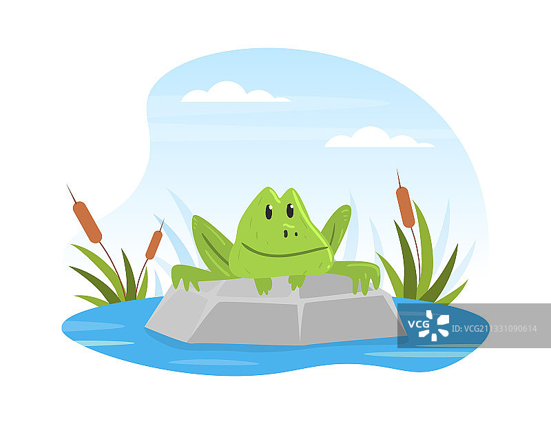 可爱的趣味青蛙在夏季池塘场景中图片素材