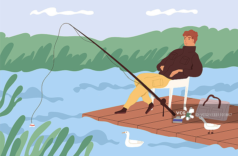 渔夫坐着钓鱼竿观看图片素材