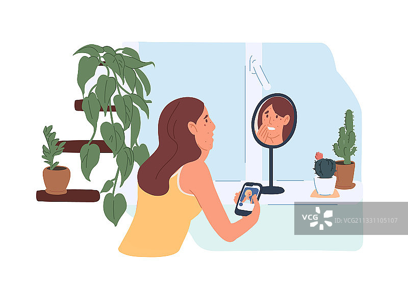 沮丧的年轻女子看着她不健康的皮肤图片素材