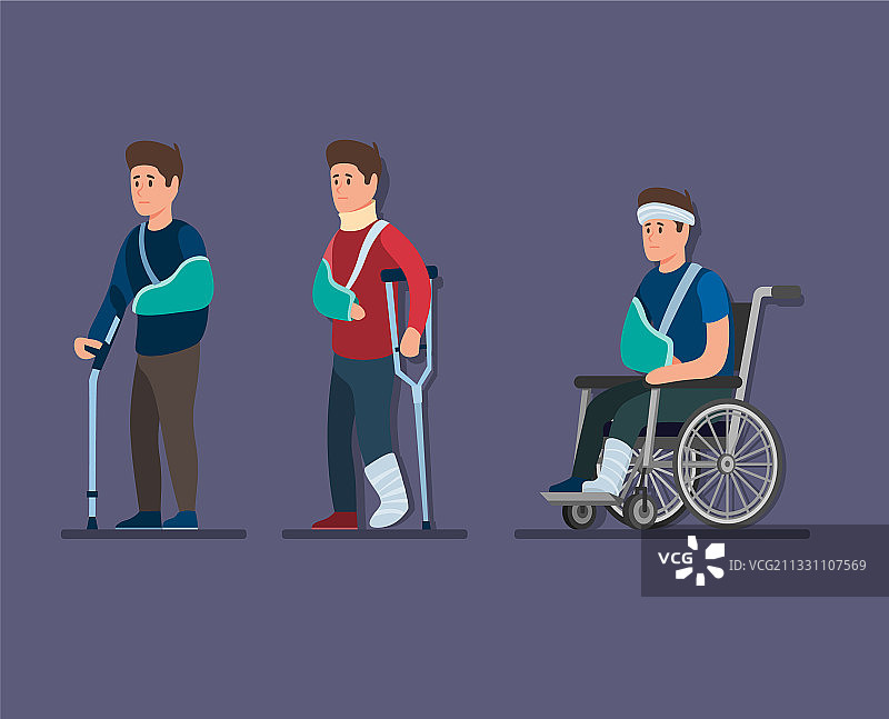 受伤男子拄着拐杖坐在轮椅上的图标图片素材