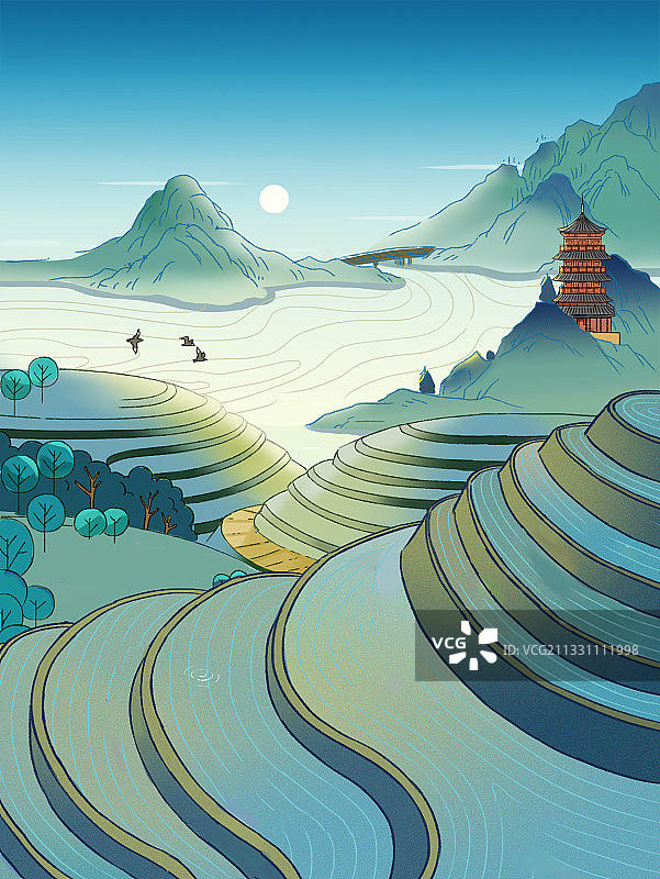 中国风农村梯田水稻乡下生活故乡风景插画图片素材