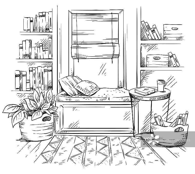 带有舒适窗台的线性室内素描图片素材