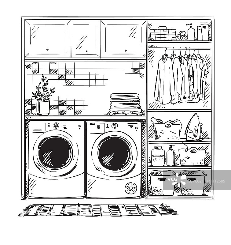 现代洗衣房室内线条草图图片素材