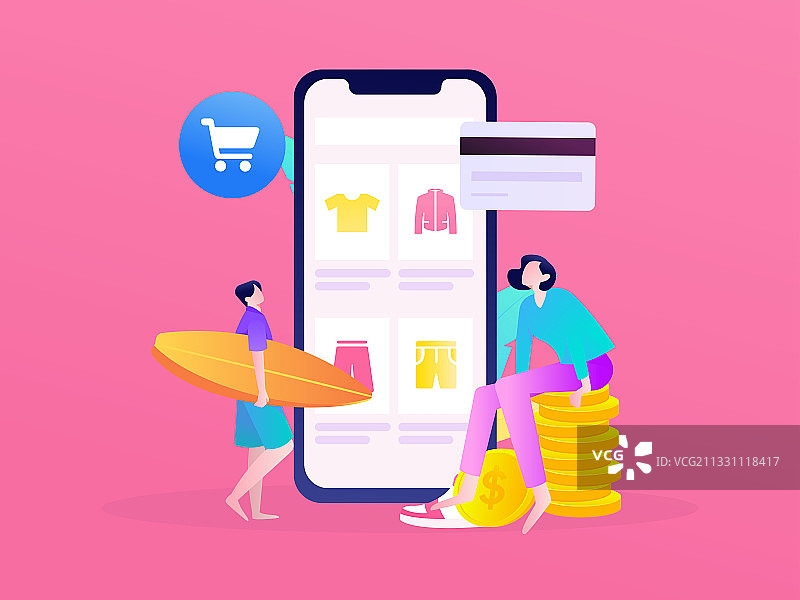 进行电商购物的男女互联网扁平矢量运营插画图片素材