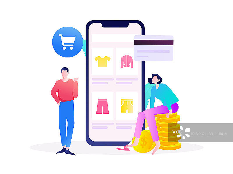 进行电商购物的男女互联网扁平矢量运营插画图片素材