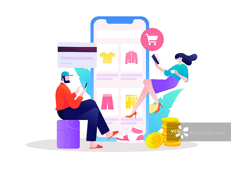进行电商购物的男女互联网扁平矢量运营插画图片素材