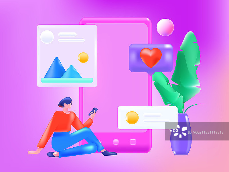 查看朋友圈互相沟通的男女互联网矢量3d插图片素材