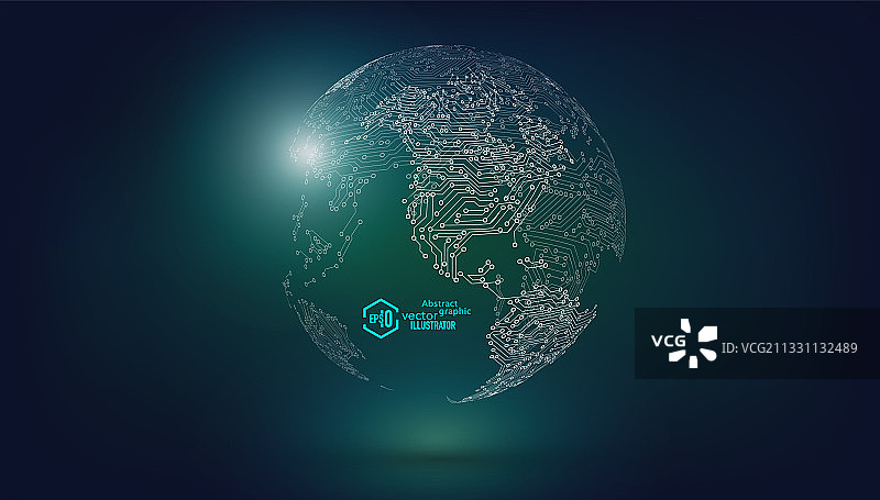 半导体芯片电路板的世界地图地球，抽象矢量的全球商业科技背景图片素材