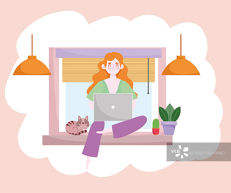 在家靠窗户使用笔记本电脑的女人图片素材