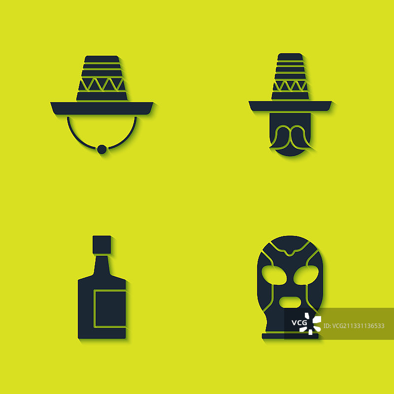 墨西哥帽子摔跤手龙舌兰酒瓶套装图片素材