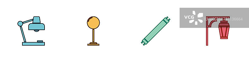 台灯、落地灯、荧光灯和复古灯具组合图片素材