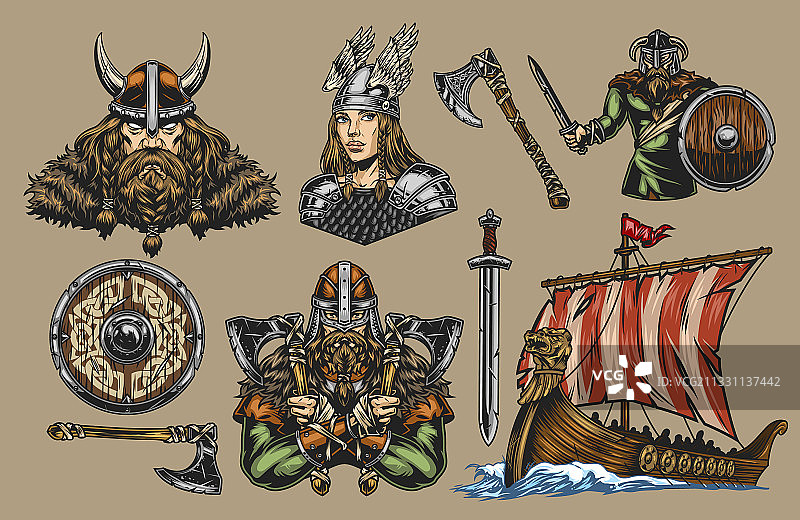 维京元素复古彩色组合图片素材